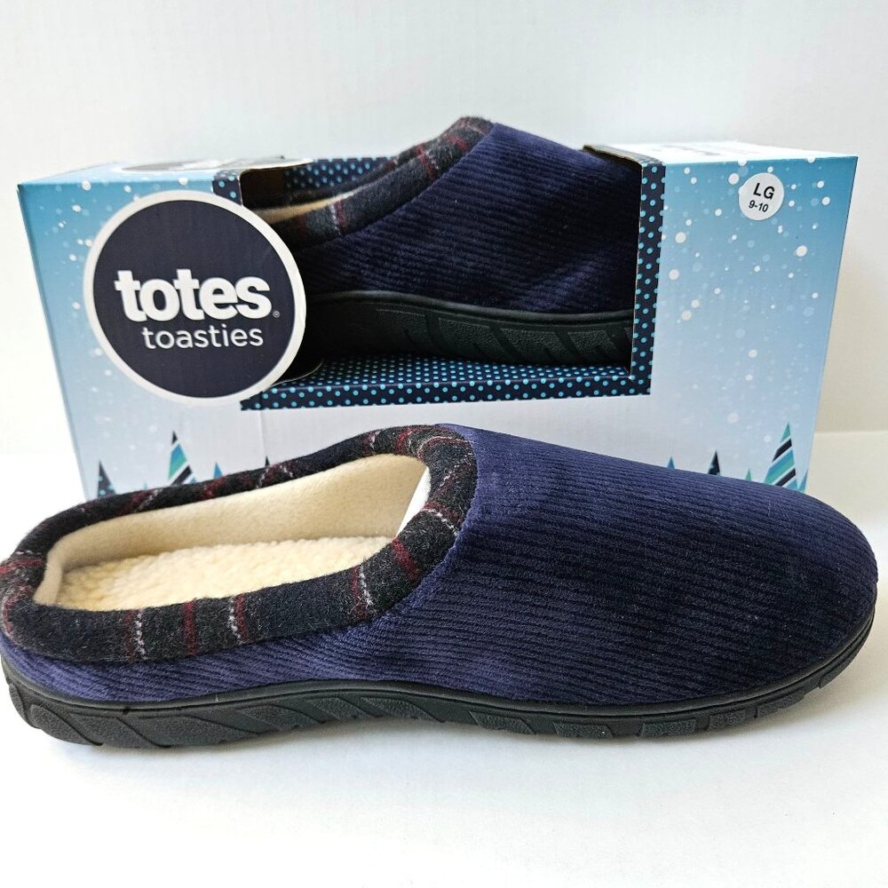 Totes Toasties Slippers Mens Large 9 10 Navy Corduroy Memory Foam Slip Ons NEW